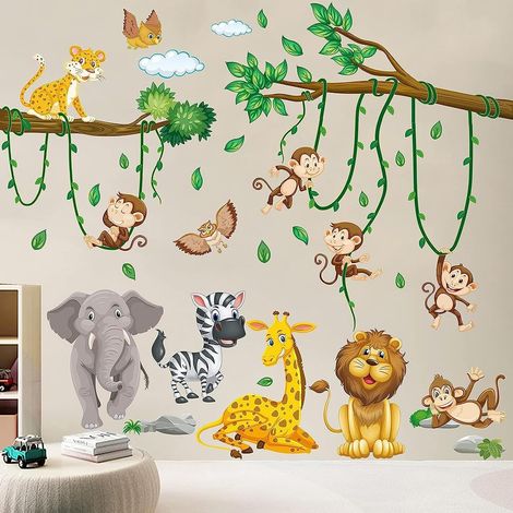 Design Sticker mural décoratif pour chambre d'enfant Motif animaux de la jungle Motif éléphant, zèbre, chouette (1/5)