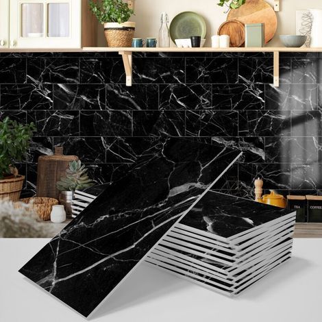 Crédence Adhésive 3D Imitation Marbre Noir - 16 Panneaux Décoratifs Imperméables et Résistants à l'Humidité pour Cuisine, Salle de Bain (1/4)
