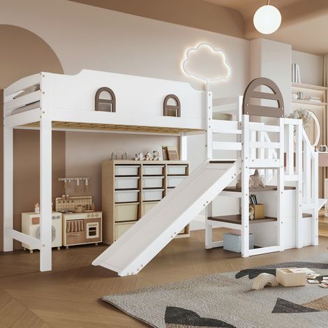 Letto a soppalco 90x200 cm, Letto bambini con scivolo e scala contenitore, pino massello e MDF, Bianco (1/5)