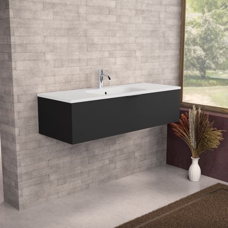 Inda - Badezimmerschrank B.120 mit mattiertem Waschbecken / Mattschwarz 1 Schublade - Topazio (1/5)