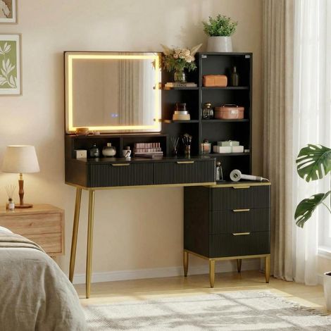 Coiffeuse avec Miroir LED et Station de Charge - Table de Maquillage Noire 5 Tiroirs et Pieds Dorés - 115x46x139 cm (1/5)