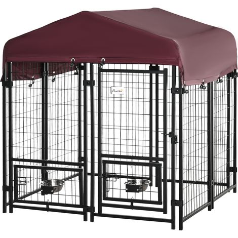 Chenil extérieur pour chiens parc à chiot avec toit en tissu oxford avec 2 supports de bol rotatifs 8 panneaux toit résistant aux intempéries 120 x 120 x 138 cm
