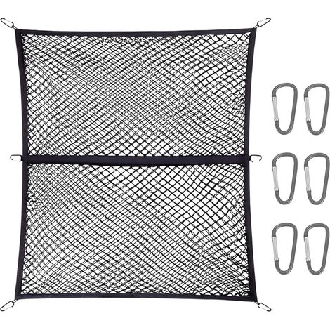 Double Couche Filet de Chargement Elastique, 120x120cm Filet de Coffre Extensible 2.1x2.1m avec 6 Metall Crochets Filet à Bagages Organisateur Filet de Rangement pour Camions, SUV (1/5)
