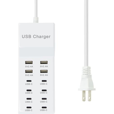USB-Ladegerät, 12-Port-USB-Ladestation (4 USB-A-Anschlüsse und 8 USB-C-Anschlüsse). Die Multi-USB-Ladestation ist kompatibel mit iPhone 15/14/13/13 Pro Max, 12/12/12 Mini/12 Pro/12 Pro, Tablet-PCs und