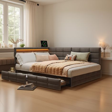 Polsterbett 140x190 cm mit Stauraum, Doppelbett mit LED und USB-Ladeanschlüssen,  Modernes Jugendbett in L-Form, Bettgestell mit Kopfteil und Lattenrost, Leinen Grau, Ohne Matratze