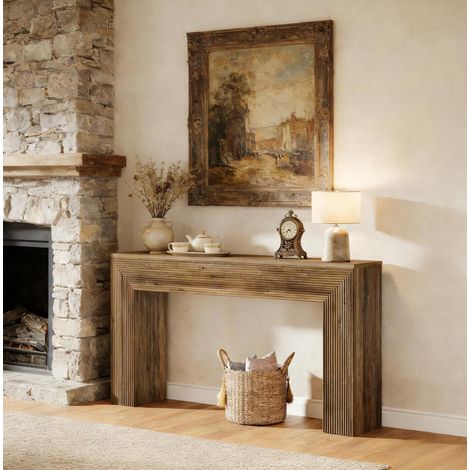 Tavolo consolle 160x30x80 cm marrone in MDF con finitura effetto legno e dettagli scanalati (1/5)
