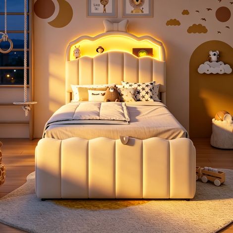Cama infantil 90 x 200 cm con almacenaje hidráulico, LED, USB y USB-C, beige OKMYHOME (1/5)
