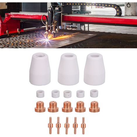 Pack de 18 pièces de consommables pour machine de découpe plasma PT31 : électrodes standard, couvercle de protection en céramique, buse et anneau vortex en céramique. (1/5)