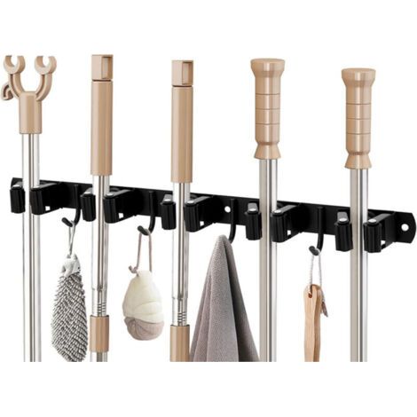 Porta scope da parete in acciaio inox con 5 staffe e 4 ganci - portautensili da parete per giardino, balcone, bagno, cortile, cucina (1/4)