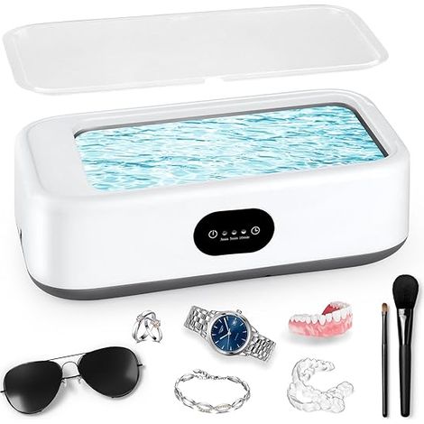 Limpiador ultrasónico de 640 ml, 49 kHz, bajo nivel de ruido, con 3 temporizadores digitales, para joyas, prótesis dentales, relojes, gafas y cabezales de afeitado.
