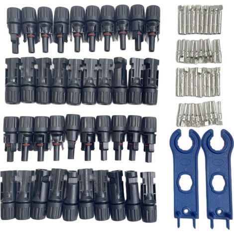 Fiches mâles et femelles MC4 (20 jeux) + jeu de clés pour panneaux solaires et connecteurs photovoltaïques (1/4)