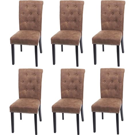 [NEUWERTIG] 6er-Set Esszimmerstuhl Chesterfield II, Stuhl Küchenstuhl, Nieten Stoff/Textil braun, dunkle Beine