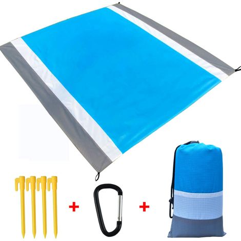 Tapis De Plage - Polyester Résistant - 200x210 Cm - Bleu Blanc Gris - Pour Pique-Nique Et Extérieur - Ensemble Complet Avec Piquets (1/5)