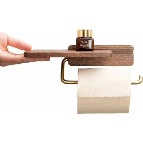 Porte-rouleau de papier toilette en bois avec étagère - Fixation murale - Perçage ou collage - Accessoires de salle de bain et de cuisine - Couleur bois (1/5)