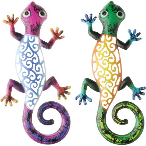Décoration murale gecko en métal, lot de 2 sculptures murales gecko à suspendre, décoration murale en métal pour l'intérieur et l' (1/5)