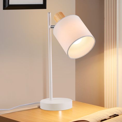 GBLY Tischlampe Holz Nachttischlampe Vintage - 35.5cm E14 Tischleuchte Weiß Stoffschirm mit Schalter Kabel und Stecker Retro Stoff Wohnzimmerlampe Drehbar für Wohnzimmer Büro (ohne Leuchtmittel)