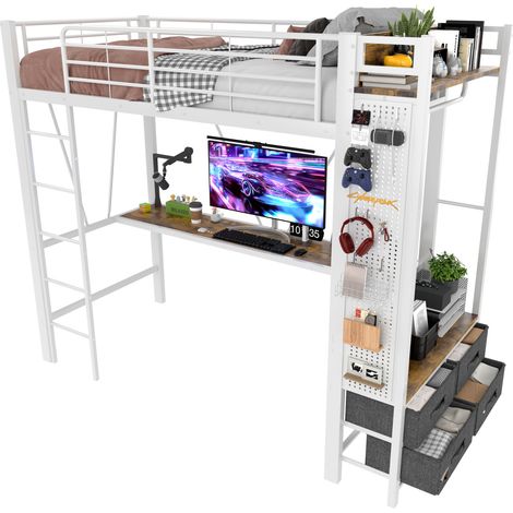 Letto a soppalco 90x200 cm in metallo e MDF con scrivania, 4 cassetti, mensole, asta appendiabiti, LED, presa USB e Type-C, bianco CHICFURN (1/5)