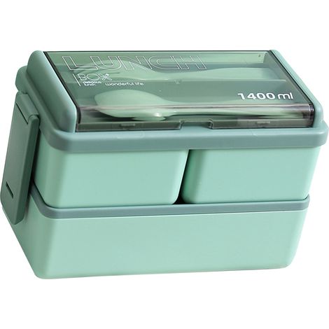 Boîte à bento verte à deux compartiments avec séparateur, en plastique de qualité alimentaire, compatible micro-ondes, idéale pour les pique-niques. (1/5)