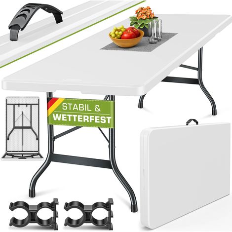 tillvex Mesa de jardín plegable de plástico blanco de 220 x 70 cm  Mesa buffet con asa de transporte  Mesa plegable para jardín, terraza y balcón  Mesa de camping para 10 personas