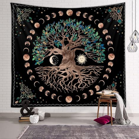 Tapisserie Arbre de Vie, Soleil et Lune, Psychédélique Mandala pour Chambre, Idéale Décoration Spirituelle (150x200cm)