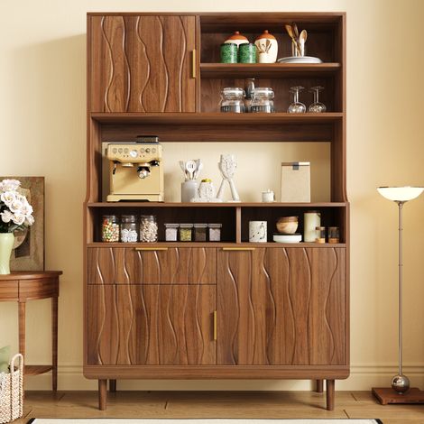Vaisselier buffet haut de cuisine 100x32x170cm avec tiroir portes et étagères ouvertes en mdf et bois massif style moderne - noyer (1/5)