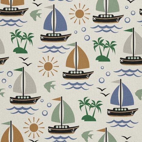 Telas decorativas para exteriores estilo oxford - motivo de palmeras, velero y sol (1/5)