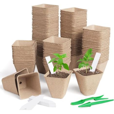50 pots carrés biodégradables de 7,6 cm (3 pouces) remplis de tourbe et étiquetés, pour pépinière de plantes de jardin extérieur (1/5)