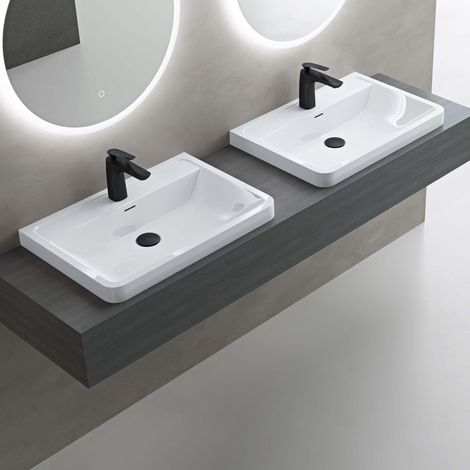 doporro Lavabo da Appoggio, Lavandino Bagno 90x48x14,5cm, Lavabo da Minerale Fuso Colossum08, Bianco lucido