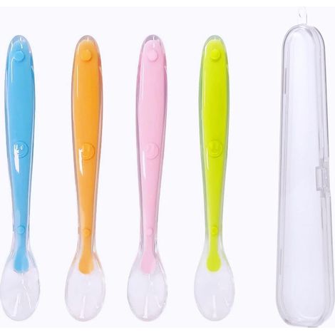 4 Pièces Cuillère Bébé Silicone,Sans BPA, Douce pour les Gencives, Avec 1 Boîte de Rangement (1/5)