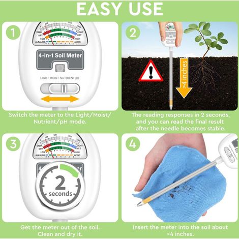 （26×6.3×6.3cm） Soil Moisture Meter, 4 in 1 pH Tester for Gardening, Lawn, Agriculture, Indoor and Outdoor Plants, No Batteries Required