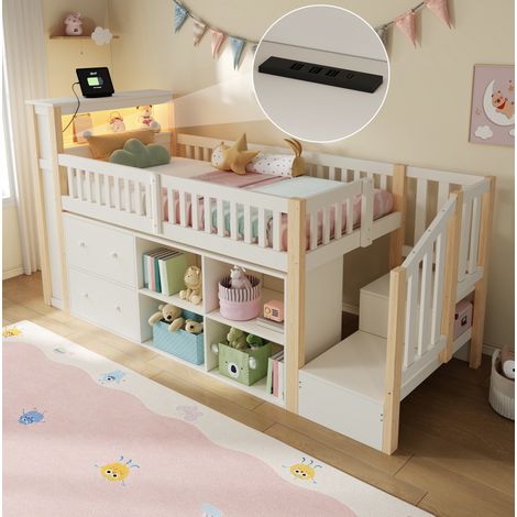 REDOM Halbhohes Bett 272x95x138 cm, mit Tisch, Stauraum, Leiterschrank, LED, USB und USB C, MDF, Kiefer, Natur (1/5)
