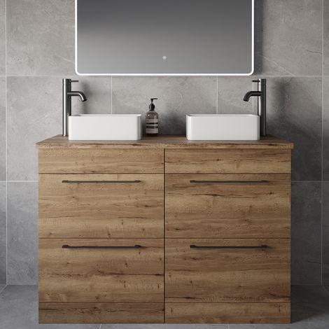 Napoli 460 Tobacco Oak 1200mm 4 Drawer Vanity Unit for Countertop Basins - 1200mm - Gunmetal Grey 320mm Handle