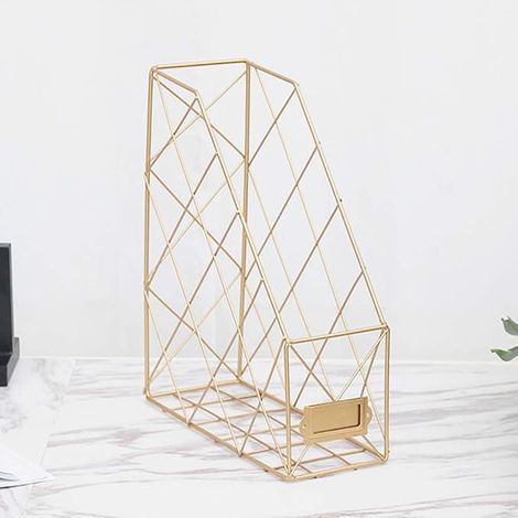 Porte-revues avec porte-étiquettes, support de stockage de fichiers, étagère de fichiers, livres, courrier et journaux (compartiment unique, or)