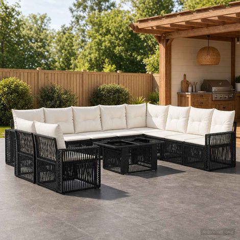 vidaXL Set Divano da Giardino 11 pz Nero e Bianco Crema polyrattan (1/5)