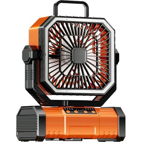 Ventilateur de camping portable, ventilateur de bureau avec lumière LED, 4 vitesses, vent puissant, 4 minuteries, avec télécommande et crochet, rotation de la tête à 270°, rechargeable par USB (1/5)