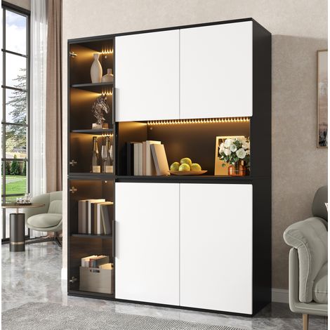 Hoher Schwarz-Weiß-Schrank mit Vitrinen, integrierter LED-Beleuchtung und MDF-Struktur (1/5)