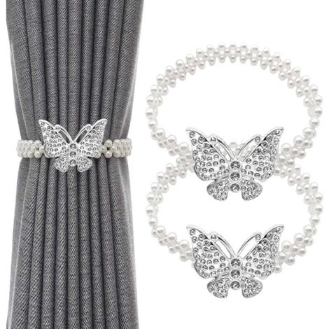 Set of 2 Adjustable Curtain Tiebacks with Spring Wire, Curtain Tiebacks with Butterfly and Beads, No Drilling Required (Silver)