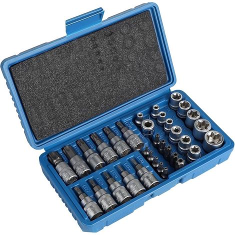 Set di 34 bussole Torx: Torx femmina, Torx interne ed esterne E4-E20 3/8", T10-T60 3/8", inserto Torx T10-T55 5/16"