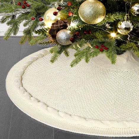 Jupe de sapin de Noël 48 pouces, jupe de sapin de Noël en tricot torsadé, blanche, style vintage, décoration de Noël de style campagnard