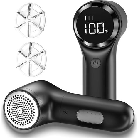 Tondeuse à poils rechargeable à six têtes, trois vitesses, écran numérique, pour vêtements et meubles, noire