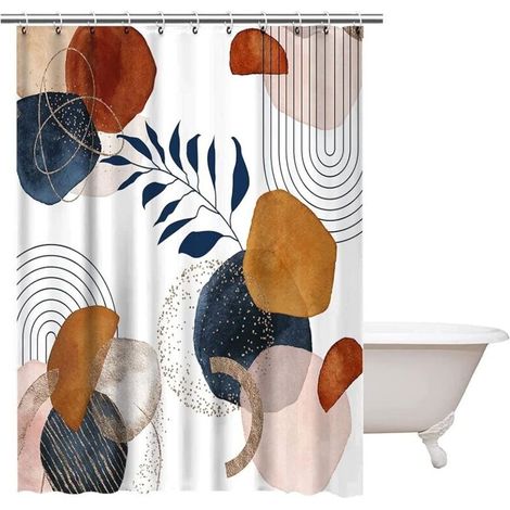 Rideau de Douche Abstrait, Rideau de Douche Boho Terracotta Noir Lignes Rideau de Baignoire Anti Moisissure Tissu Imperméable Polyester Lavable Rideau Salle de Bain avec 12 Crochets 180Lx180Hcm (1/5)