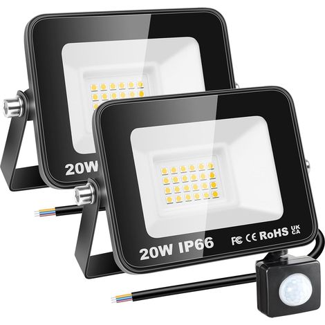 2x 20W Projecteur d'extérieur Led Avec Detecteur de Mouvement, 2000 LM 3000K Blanche Chaud, IP66 étanche Éclairage de Sécurité Extérieur, Projecteur led de Patio Garage Terrasse Jardin