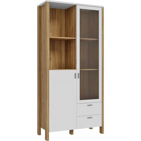 Vaisselier vitré H. 200 cm avec décor gris clair et chêne - DEVONNE (1/5)