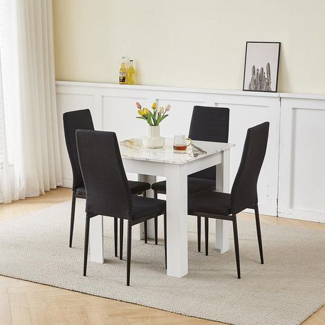 75x75cm Square Dining Table and Chairs Set, Small Dining Room Set High Gloss Dining Table with Chairs Home Furniture (Black Linen, Marble-White Table with 4 Chairs)