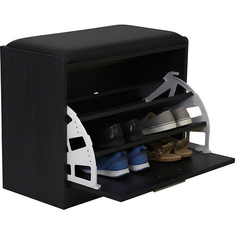 Marvin Scarpiera Panca da Ingresso Portascarpe Salvaspazio in Legno Seduta con Cuscino Anta a Ribalta per Corridoio o Camera 60x30x48 cm Nero / Cuscino Nero