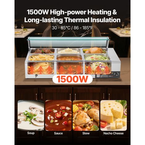Chauffe-Plat Électrique à Vapeur 1500 W, Buffet Chauffant en Inox, Bain-marie avec 6 Bacs de 1/2, Couvercle en Verre et Louches à S… (1/5)