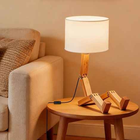 Lampe de table en bois réglable, design robot, culot E27, pour chambre et bureau