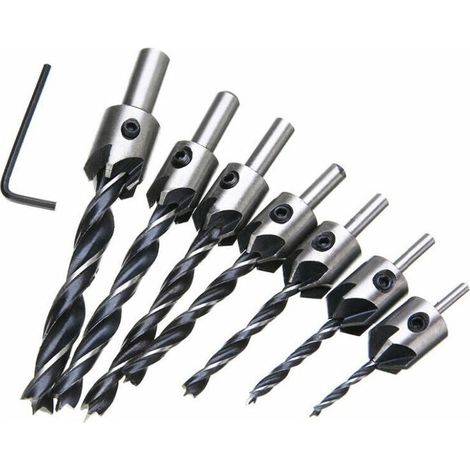 Fraise Bois Mèche à Bois 5 Flûte Foret Conique Set en HSS Acier à Haute Vitesse à Bois Aésoir Chanfreinage Outil 3 4 5 6 7 8 10mm Avec Clé Hexagonaleb 7pcs (1/5)