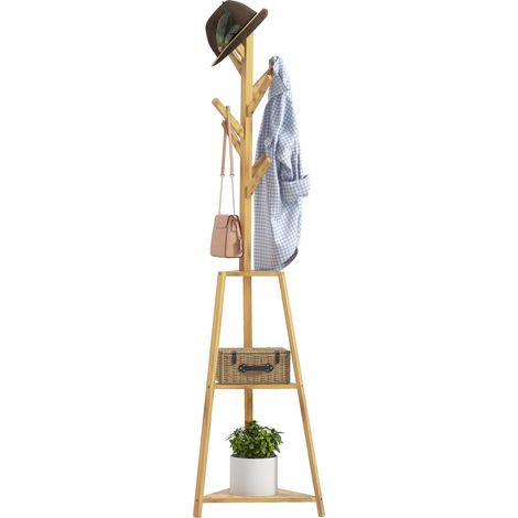 Porte-manteau en bambou naturel, 8 crochets + 3 étagères, 46x46x175 cm, support à vêtements sur pied.