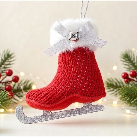 Décoration suspendue sapin Noël patin à glace tricoté rouge 10,5 cm, ornement festif avec clochette (1/4)